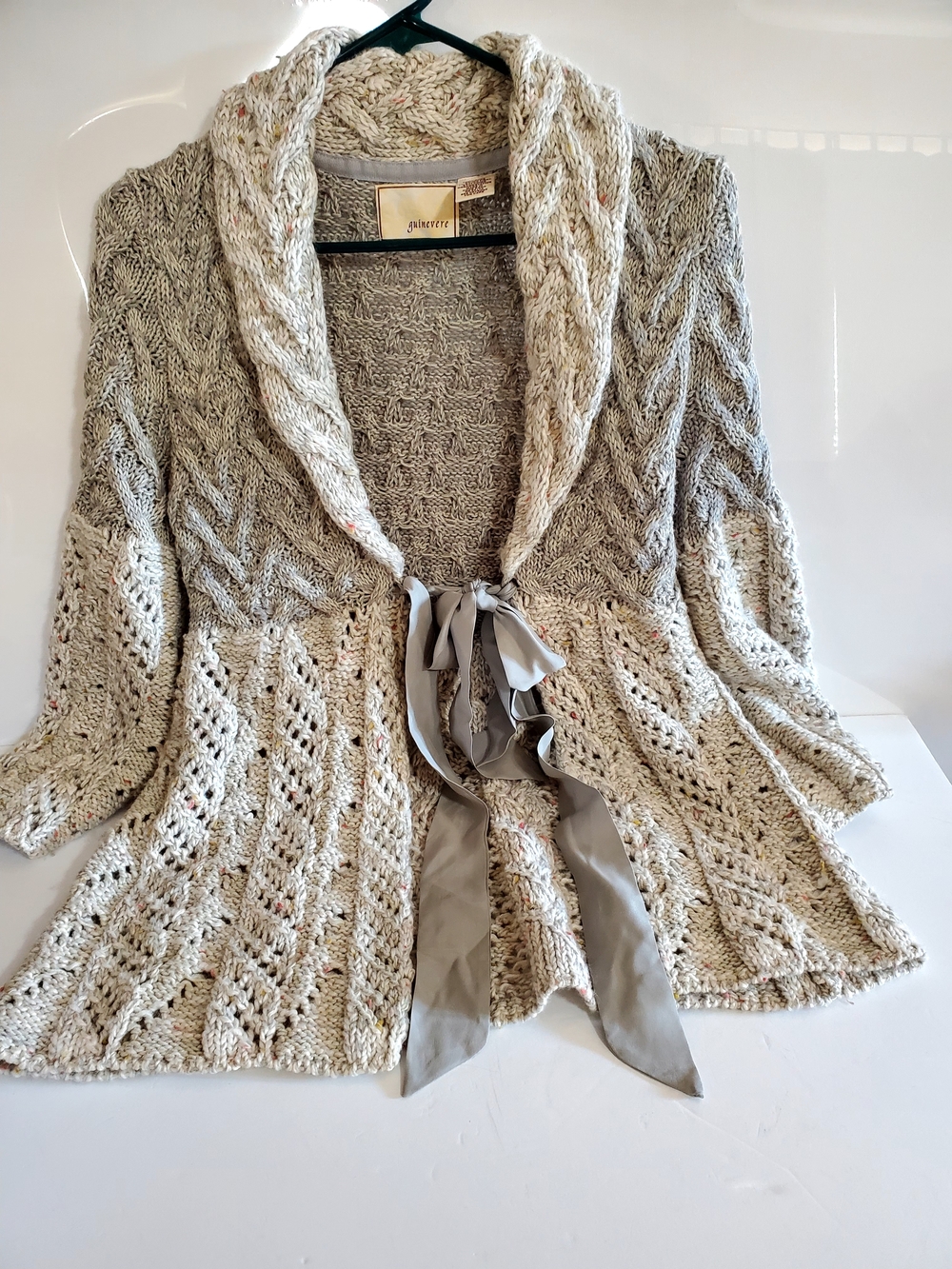 Anthropologie Guinevere Wool Blend Vtg Cream & Gray Cable Knit Cardigan w/Tie